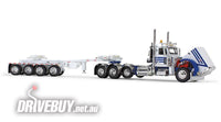 DCP by First Gear White/Blue Peterbilt Model 389 Truck w/ 4-Axle Hydra-Steer Trailer With Bridge Beam Section 1/64