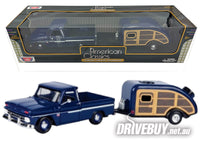 MotorMax 1966 Chevy Pickup (Dark Blue) & Camper Trailer 1/24