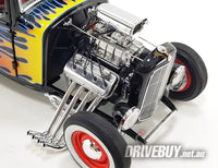 
              1932 Ford Rat Fink Hot Rod Coupe and Figurine 1/18 - ACME Diecast - Purple with Flames
            