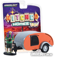 
              Tear Drop Caravan Trailer with Backpacker 1/64 – GreenLight Diecast – Orange/Silver
            
