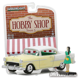 1955 Chevrolet Bel Air with Woman Figure 1/64 – GreenLight Hobby Shop - Yellow