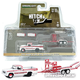 Greenlight Ramchargers 1964 Dodge D100 Pickup + Tandem Car Trailer 1/64