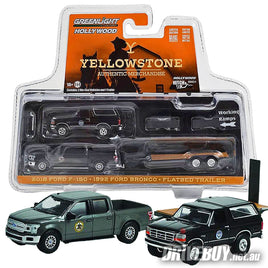 2018 Ford F150 Yellowstone with 1992 Ford Bronco & Trailer 1/64 – GreenLight – Grey/Black