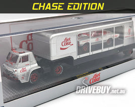 M2 Machines **CHASE** Diet Coke 1966 Dodge L600 + Enclosed Trailer + 1966 Dodge Charger Gasser 1/64