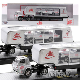 M2 Machines Diet Coke 1966 Dodge L600 + Enclosed Trailer + 1966 Dodge Charger Gasser 1/64