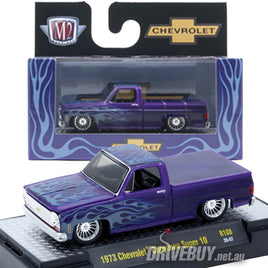 1973 Chevy Cheyenne Super 10 Pickup 1/64 - M2 Diecast - Purple Blue Flames