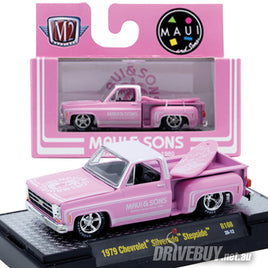 1979 Chevy Silverado Stepside Pickup Maui & Sons 1/64 - M2 Diecast - Pink