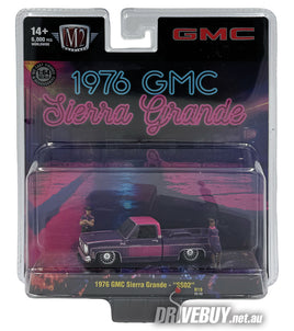 1976 GMC Sierra Grande SS02 Pickup Diorama 1/64 - M2 Diecast - Pink Purple + Figurines