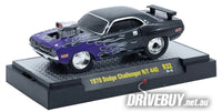 
              1970 Dodge Challenger R/T 440 1/64 - M2 Diecast - Black with Purple Flames
            
