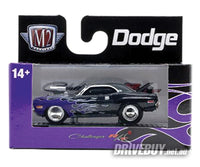 
              1970 Dodge Challenger R/T 440 1/64 - M2 Diecast - Black with Purple Flames
            