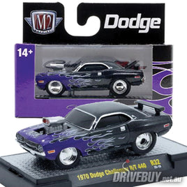 1970 Dodge Challenger R/T 440 1/64 - M2 Diecast - Black with Purple Flames