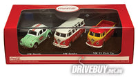 
              Motor City Classics Coca Cola Volkswagen Gift Set - 1962 Samba + 1966 Beetle + 1962 T1 Pickup 1/72
            