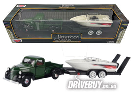MotorMax 1941 Plymouth Pickup & Speedboat / Car Trailer 1/24