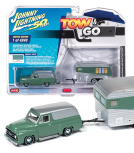 JOHNNY LIGHTNING 1956 FORD F100 DELIVERY + TRAVEL TRAILER 1/64