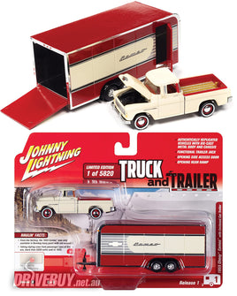 JOHNNY LIGHTNING 1955 CHEV CAMEO IN IVORY WITH TRAILER 1/64