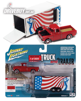 JOHNNY LIGHTNING 1955 CHEV CAMEO IN RED WITH TRAILER 1/64