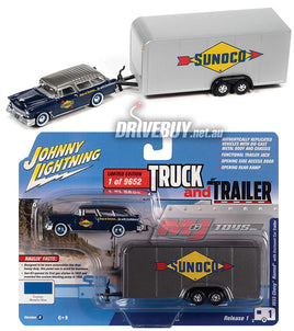 JOHNNY LIGHTNING SUNOCO 1955 CHEV NOMAD WITH TRAILER 1/64